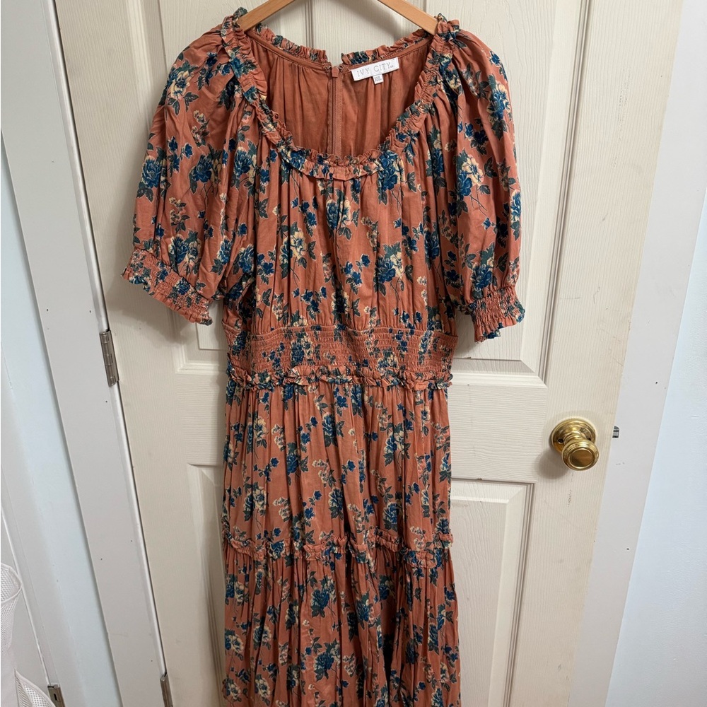 Ivy City Co Orange and Blue Ruffled Wrap Maxi Dress